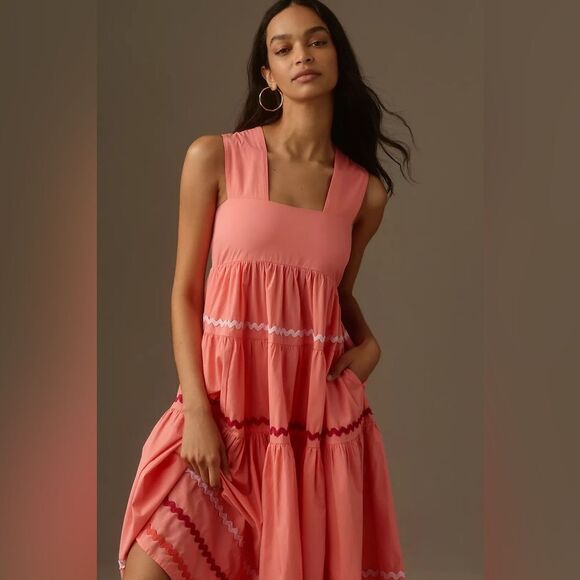 Anthropologie Helena Square-Neck Tiered Midi Dress: Smocked Scallop Edition NWT - Picture 2 of 9